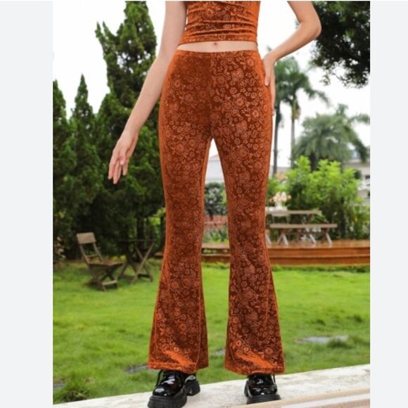 Floral Velvet Flare Pants SHEIN pull on boho XS stretch hippie - Picture 2 of 4